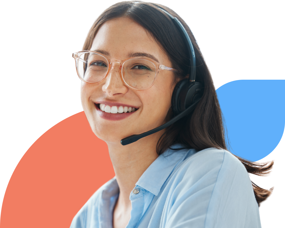Smiling woman with glasses wearing communications headset