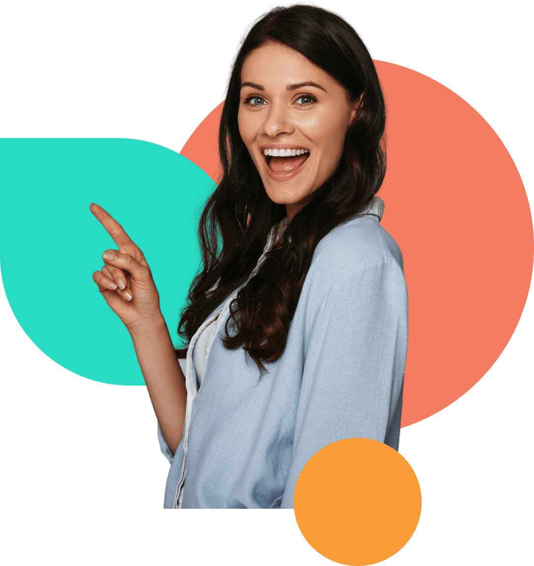Smiling woman pointing against teal and orange shapes on transparent background