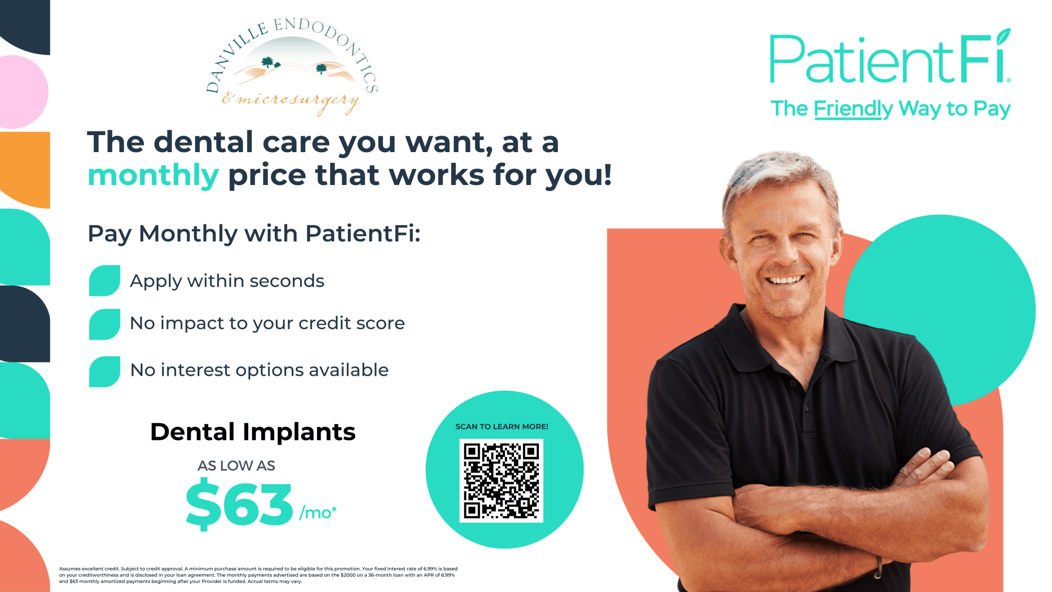 Waiting room screen showing dental implants monthly pricing with a QR code