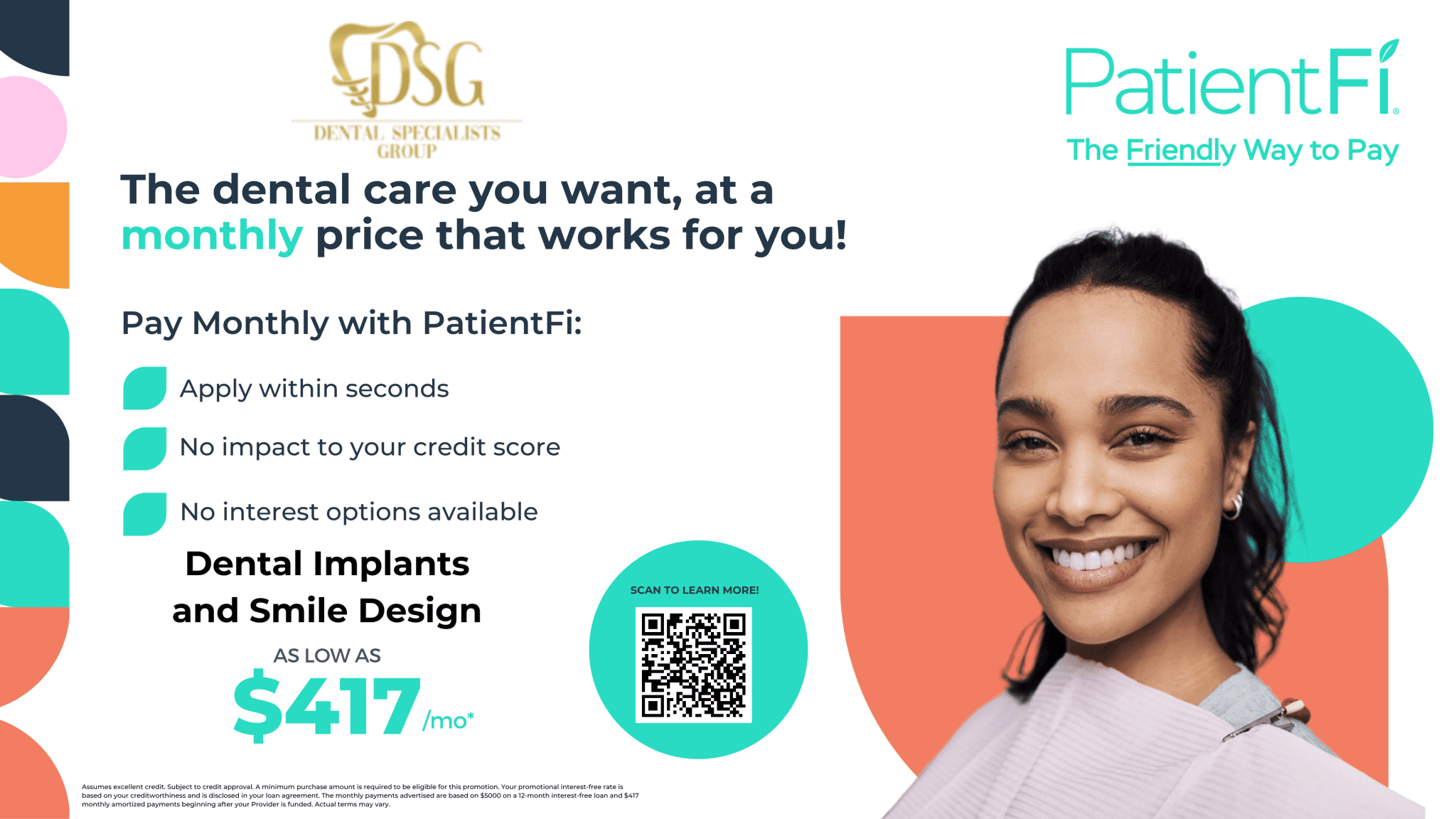 Waiting room screen showing dental implants and smile design monthly pricing with a QR code