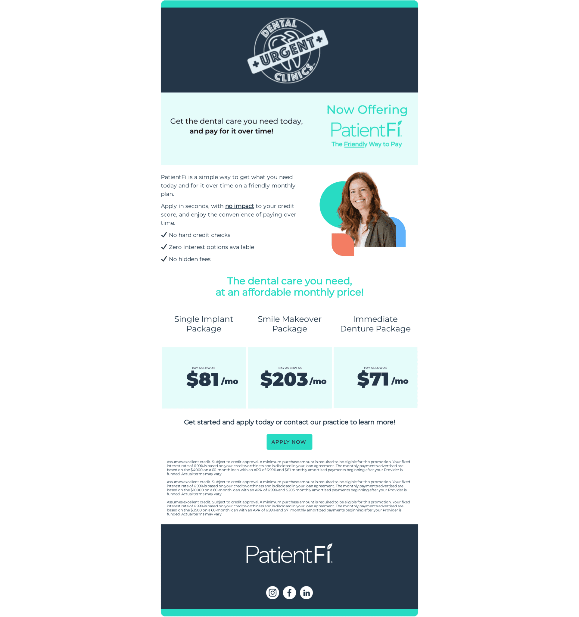 Co-branded patient email showing monthly payment amounts for treatment packages