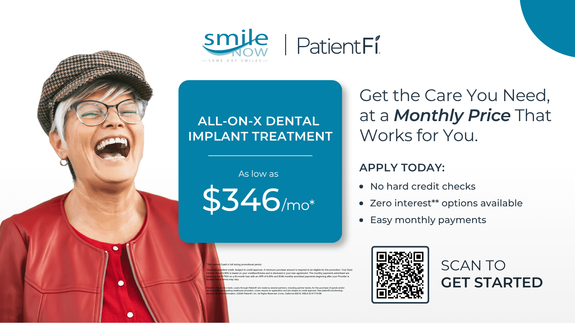 Waiting room screen promoting friendly monthly payment plans