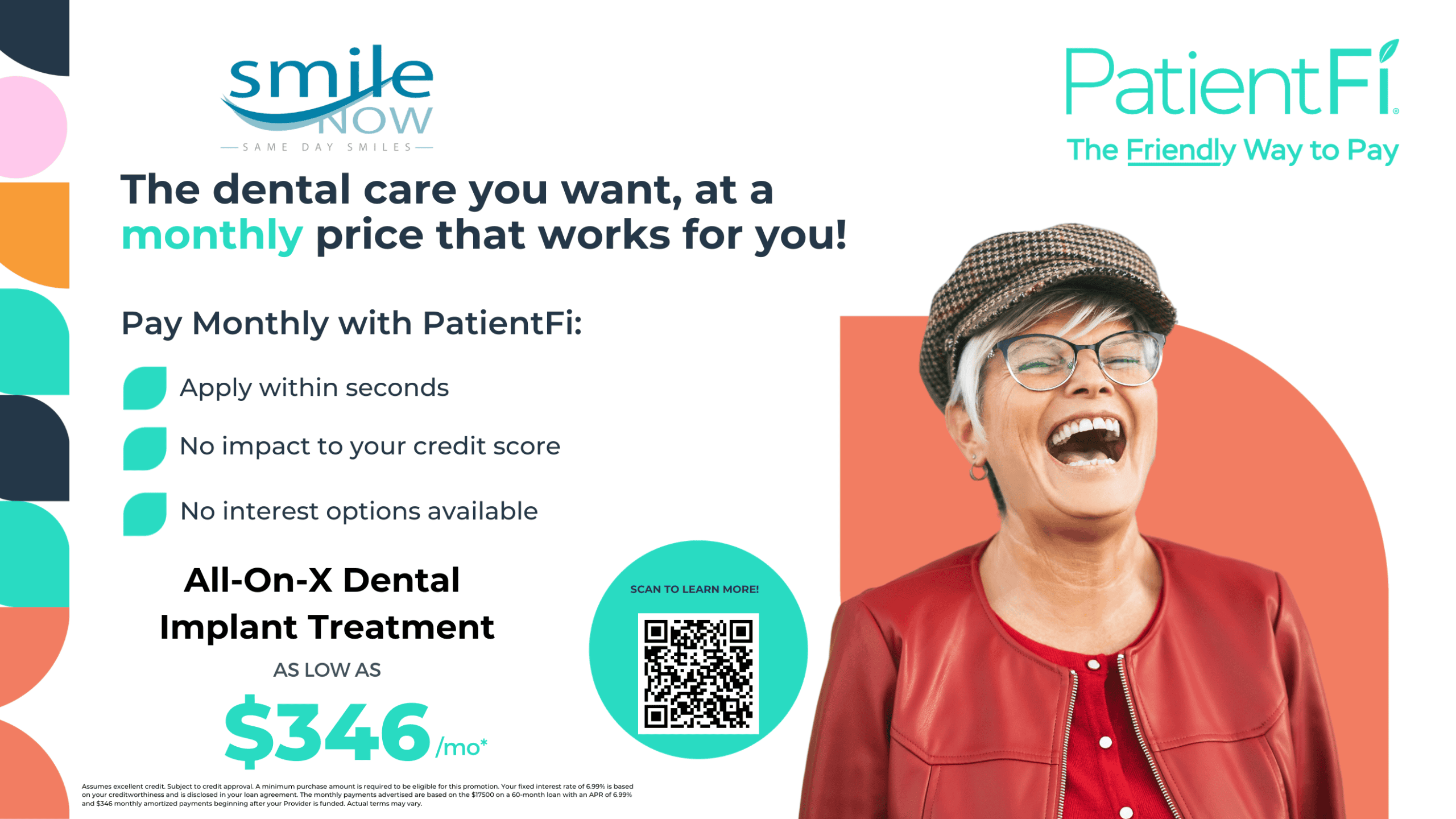 Waiting room screen showing dental implant monthly pricing with a QR code
